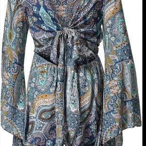 Boho Paisley Tie-Front Romper in Navy and Teal